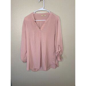 Timeson Womens Pink V-Neck Blouse Medium Long Roll-Up Sleeves 100% Polyester